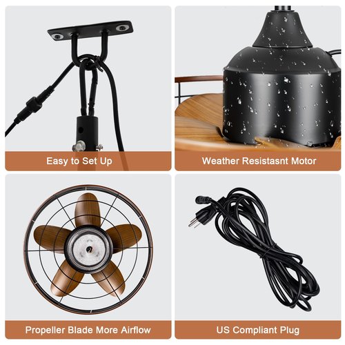 20" Outdoor Ceiling Fan with Light for Patios Waterproof Caged Gazebo Fans Outdoor Hanging Lighting with Plug-in Cord, Dimmable LED, Remote APP Control, 6 Speeds for Pergola Porch Gazebo (Brown)