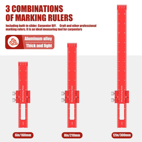 3PCS Woodworking Precision Ruler Set 6 8 12 Inch Procision Marking Ruler with Slide Stop Aluminum Rule for Pocket Marking Measuring