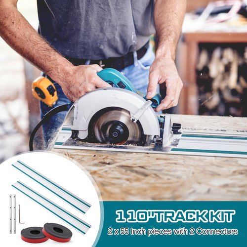 Threlaco 110" Track Saw Guide Rail Joining Set Compatible with Makita, Include 2 x 55" Extruded Guide Rails, Connectors, Splinter Guard Replacement Strip Bars Circular Track Saw Accessories