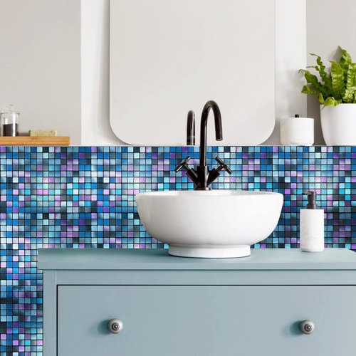 XUANINY Peel and Stick Backsplash Tiles for Kitchen,Bathroom,Fireplace,Self Adhesive Metal Aluminum Mosaic (12"x12") (5, Blue and Purple Mixed)