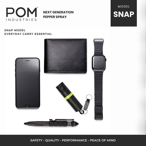 POM Pepper Spray Flip Top Snap Hook - Maximum Strength OC Spray Self Defense - Tactical Compact & Safe Design - Quick Key Release - 25 Bursts & 10 ft Range - (Group) (Black Pink, One Pack)