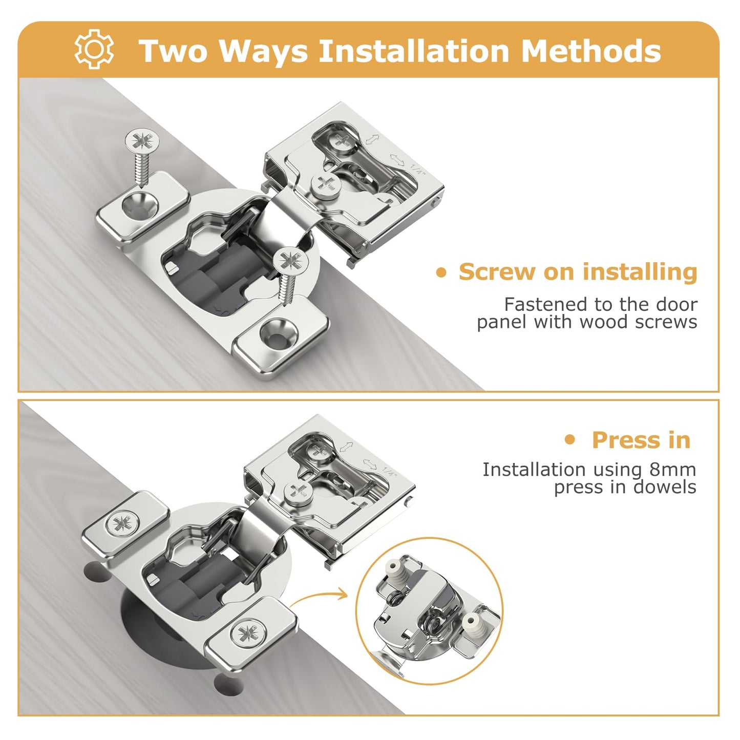 Furniware 2 Pieces 1/4" Small Overlay Concealed Face Frame Hinges, 105° Open Angle 4 Level Soft Close Screw On Compact Cabinet Hinge,for Face Frame Door, Soft Close On/Off Switch, Self Closing