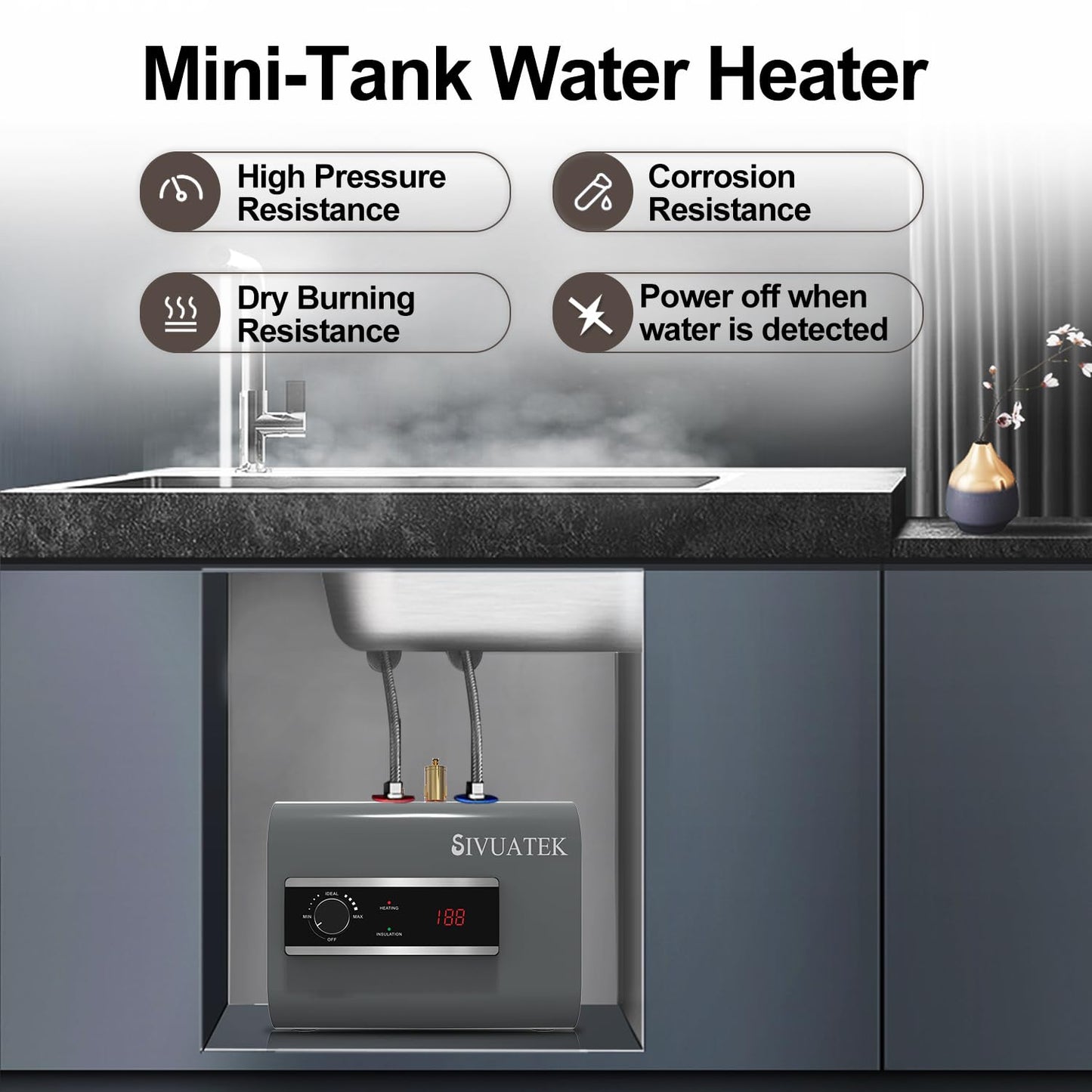 2.5 Gallon Electric Mini-Tank Water Heater, 1440W 120V Under Sink Instant Hot Water Heater, Point-of-Use for Kitchen Bathroom RV, LED Display, Easy Floor Mount