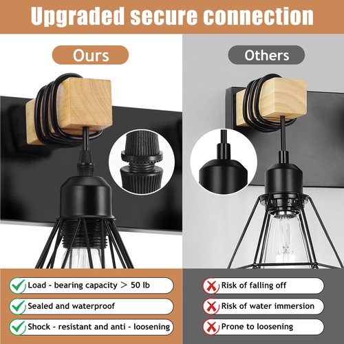 IZORRO Farmhouse Bathroom Vanity Light Fixtures, 3-Light Wood Bathroom Lighting Fixtures Over Mirror, Black Rustic Industrial Sconces Wall Lights with Metal Lampshade for Living Room, Bedroom