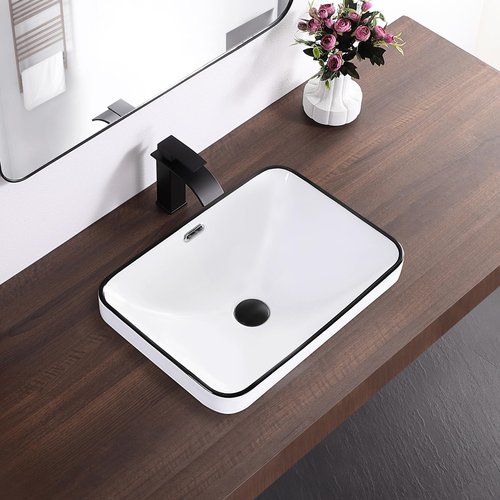 KARAMAG Bathroom Vessel Sink 20.6'' x 14.7'' Semi Recessed Bathroom Sink Rectangular Drop-in Vanity Sink with Overflow White with Black Rim Ceramic Modern Art Basin
