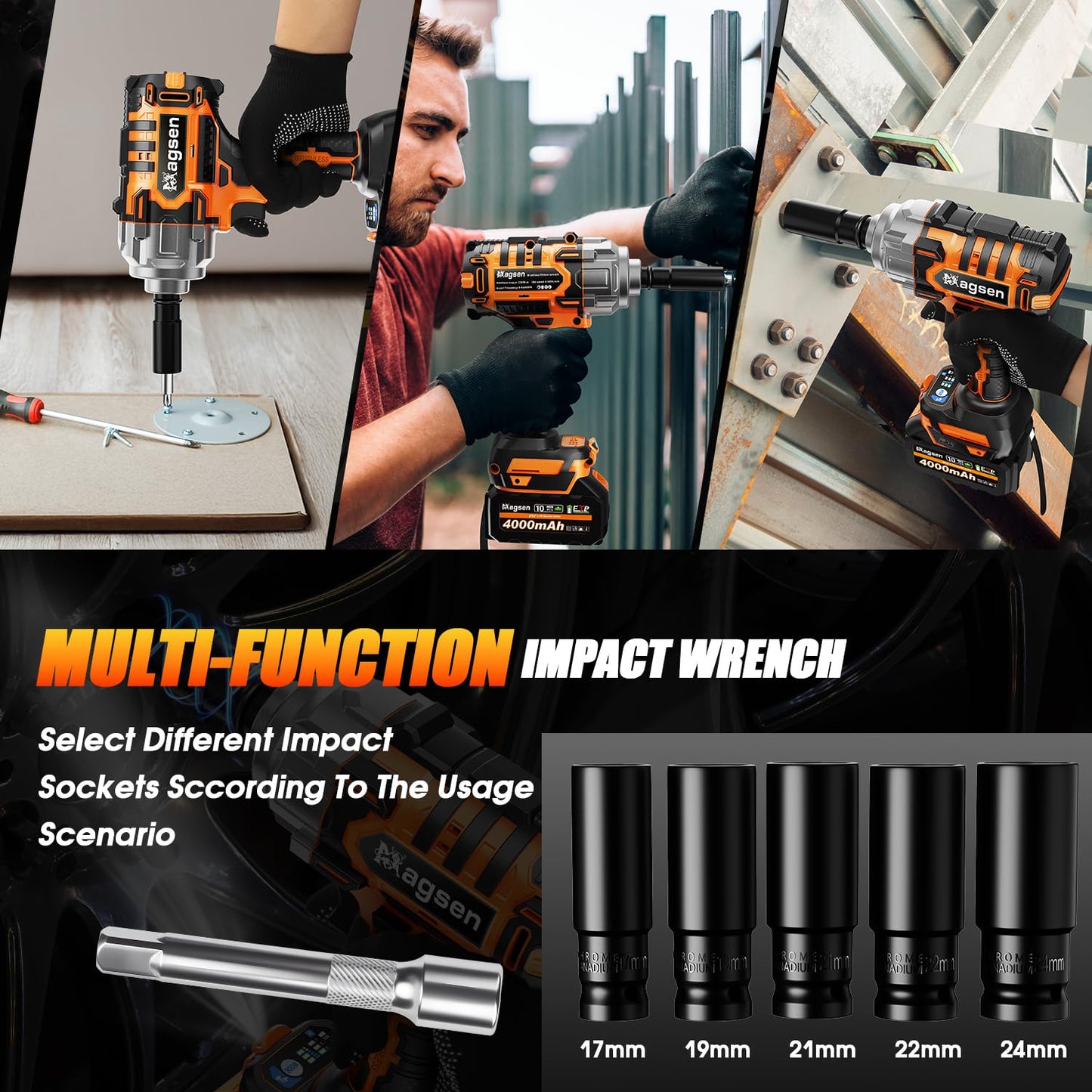 MAGSEN Cordless Impact Wrench 1/2 inch, High Torque 900Ft-lbs (1200N.m) Brushless Impact Gun,3800RPM,2x4.0 Battery, 6 Sockets,LED Work Light,Electric Impact Motor Variable Speeds for Car/Mower/Pickup