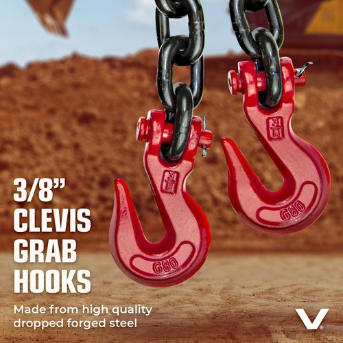 VULCAN Binder/Safety Chain with Clevis Grab Hooks - Grade 80-3/8 Inch x 10 Foot - 7,100 Pound Safe Working Load