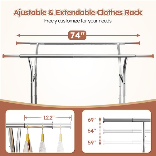 Raybee 74" W Clothes Rack, Clothing Rack, Double Rods Clothing Racks for Hanging Clothes, Load 441 LBS Heavy Duty Clothes Rack with Wheels, Adjustable Garment Rack Portable