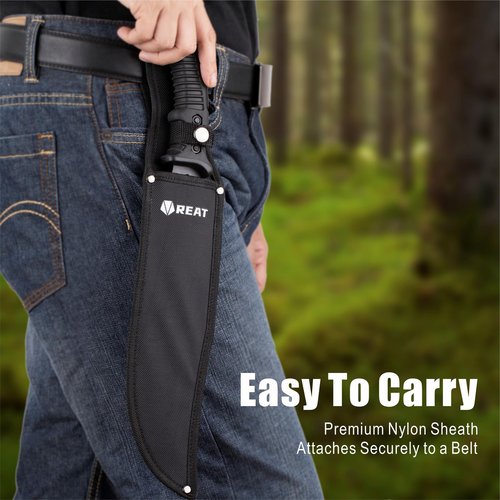 REAT Machete with Shaeth,15" Hunting Knife with 420 Stainless Steel, Ergonomic No-Slip Rubber Handle, Machetes for Bushcraft, Survival, Hunting, Cutting Trees and Yard Work
