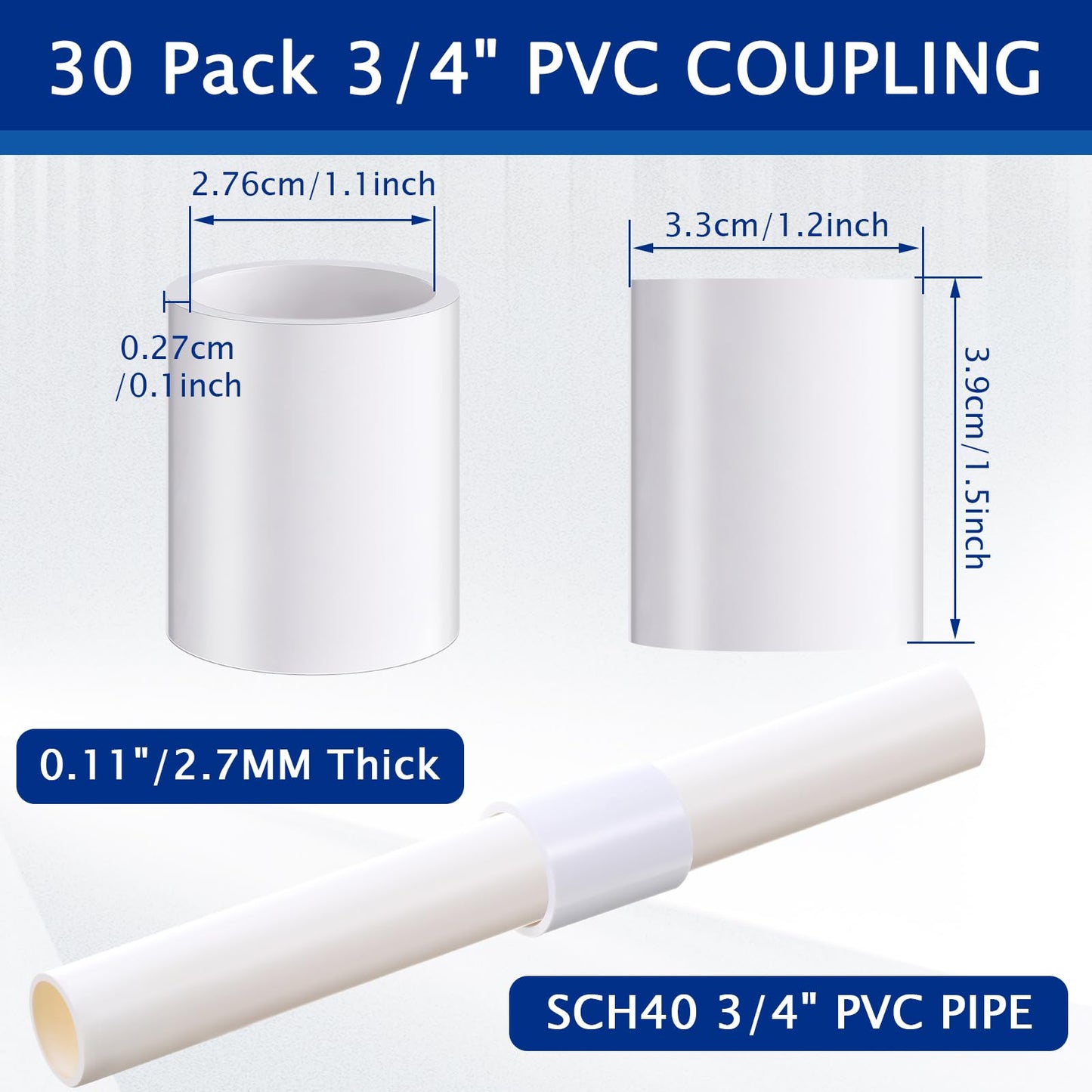 Frienda 30 Pack 3/4'' White PVC Pipe Coupling Adapter Pipe Fittings Schedule 40 Heavy Duty Slip Socket Connectors for Plumbing Irrigation Pool Garden