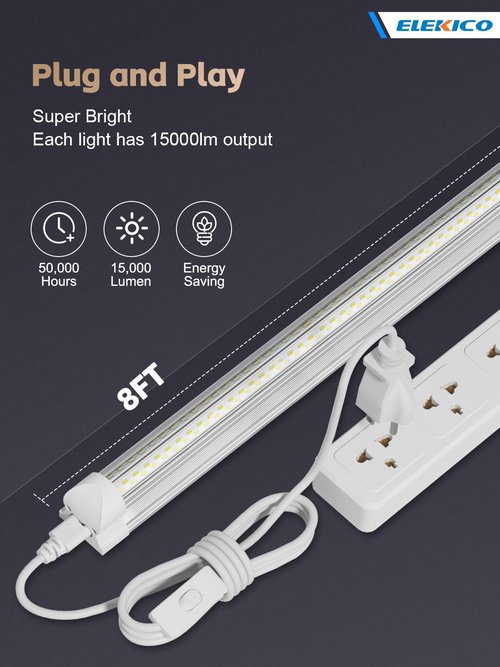 ELEKICO 12 Pack Super Bright 100w 8ft Led Shop Light, 15000lm 5000k V Shape 8' Led Shop Lights 8ft, Linkable 96" 8 Foot Shop Lights for Garage Workshop Shop Warehouse Lighting