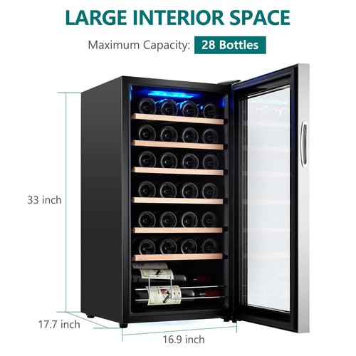 Takywep 28 Bottle Compressor Wine Cooler Refrigerator,Large Freestanding Wine Cellar, Glass Door Bar Fridge Quiet Compressor,41f-64f Digital Temperature Control Fridge Glass Door Black