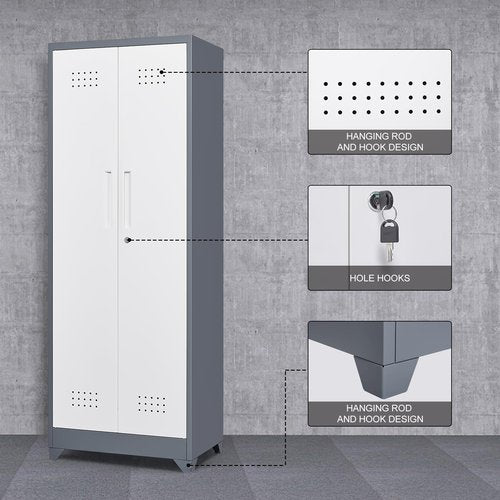 LUCYPAL Broom Closet Storage Cabinet,Utility Closet with Shelves and Hanging Rod for Brooms and Mops,Tool Cabinet for Bathroom,Kitchen,Garage,Warehouse,White&Grey,65" H