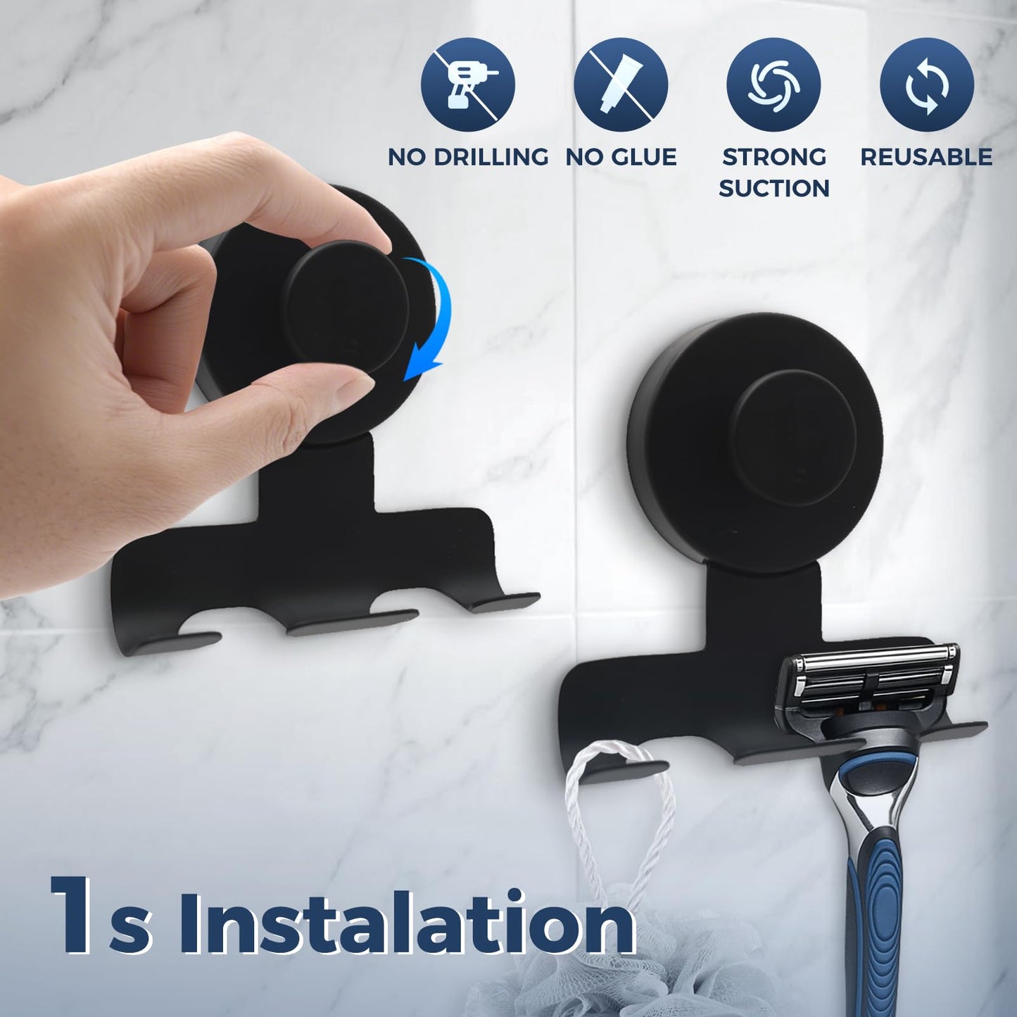 WingWider Suction Cup Razor Holder for Shower,Heavy-Duty 7KG Suction Hooks for Razor,Towel,Loofah,Removable Damage-Free Metal Shower Hook,Shaver Holder,2 Pack(Matte Black)