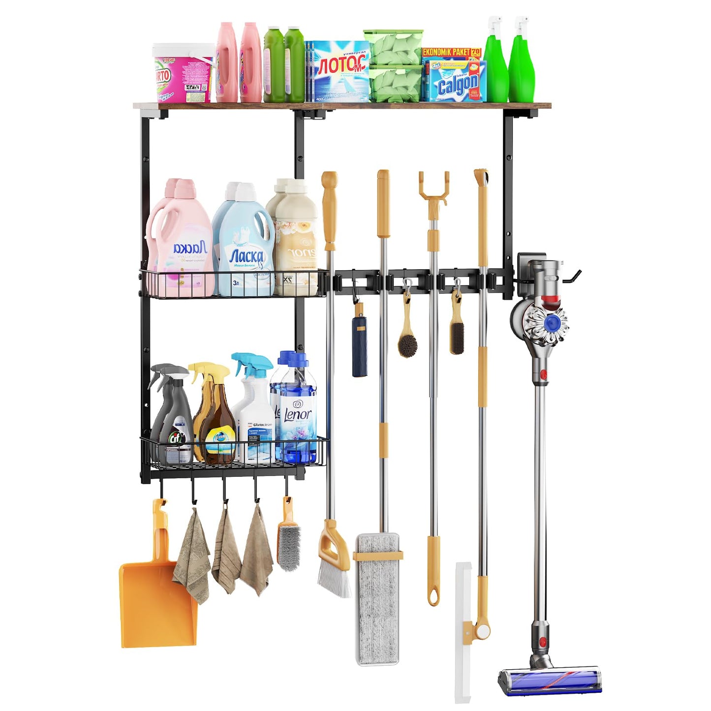 LYYKCCXYY Broom Holder Wall Mount，Mop Rack With Storage Basket,Diversity Laundry Room Cleaning Tool Storage container，Suitable Family Garage Kitchen Organization Wall-Mounted Rack (Black, Medium)