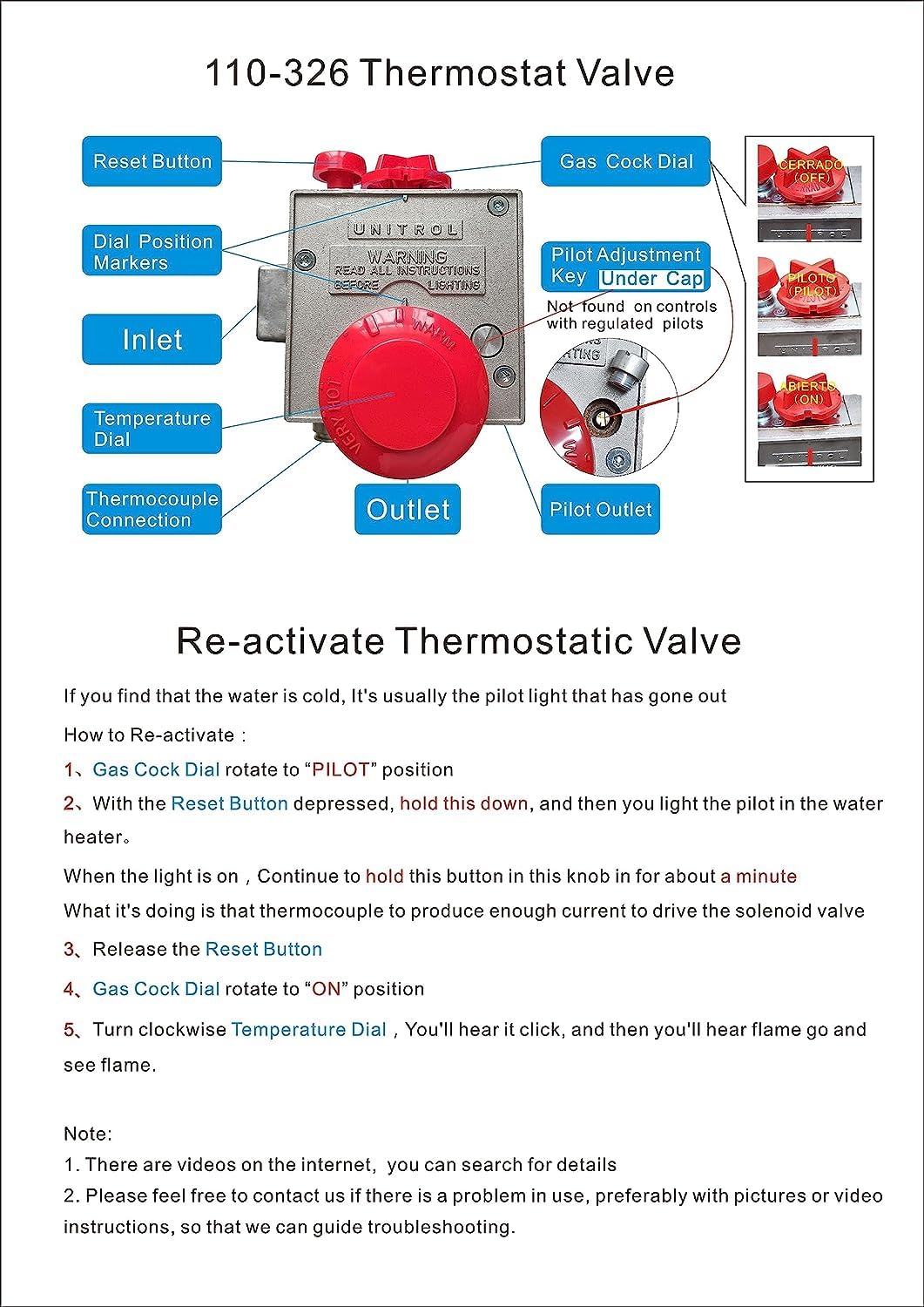 110-326 Natural Gas Water Heater Thermostat, Gas Water Heater Control Valve