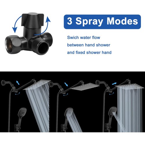 NearMoon Solid Brass G1/2" Shower Arm, 3-Way Diverter Valve for Handheld and Fixed Spray Head, Bathroom Component for Showerhead Combo T-Adapter (Movable Nut, Matte Black)