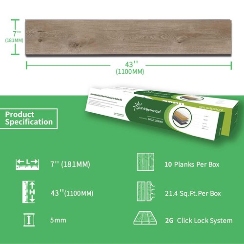 Suntecwood Waterproof Rigid Core Luxury Vinyl Flooring, Click Lock, 7"x43"x0.2", Attached Foam pad, Ideal for Kitchen,Bedrooms, and Living Areas (French Oak, 21.4Sq.Ft(Carton/10 Planks))