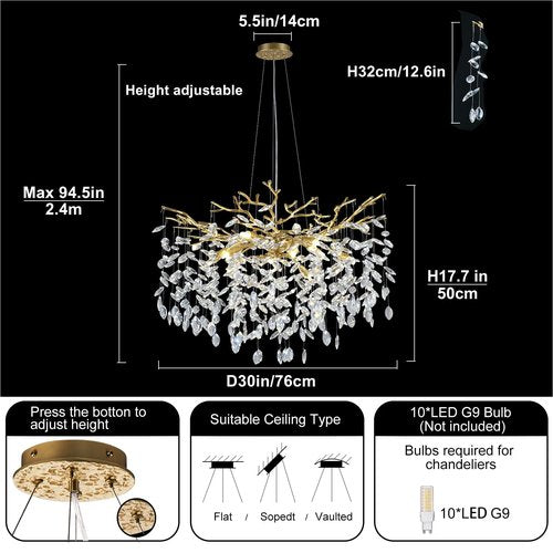kvtinmty Modern Crystal Chandelier, 30" Chandeliers for Dining Room,Gold K9 Crystal Tree Branches Crystal Chandelier,10-Light Living Room Chandeliers, Fo Entryway,Foyer,Bedrooms