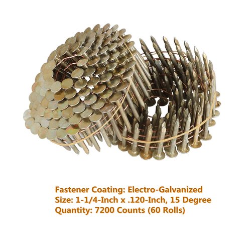 kimllier 7200 Count Coil Siding Nail Full Round Head Wire Collated Coil 15-Degree 1-1/4-Inch x .120-Inch Smooth Shank Electro Galvanized Coil Roofing Nails