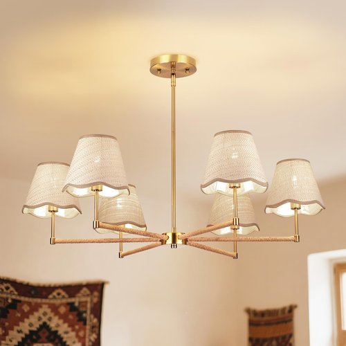 ZORYATA Boho Rattan Chandelier, 6-Light Gold Hanging Ceiling Light Fixture, Adjustable Rustic Pendant Lamp for Dining Room, Kitchen Island, Living Room, Bedroom, Sloped Ceiling Lighting