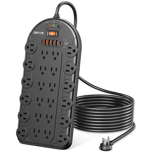 DEPOW Power Strip, 24 AC Outlets (1875W/15A) with 6 USBs (2 USB-C Ports), ETL Listed, Surge Protector (3,400 Joules), 8 Ft Heavy Duty Flat Plug Extension Cord, Wall Mountable for Home, Office, Black