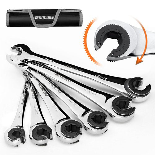 ironcube Brake Line Wrench Set: Metric 10-17mm - Ratcheting Open-end for Nuts on Fuel, Brake or Air Conditioning Lines