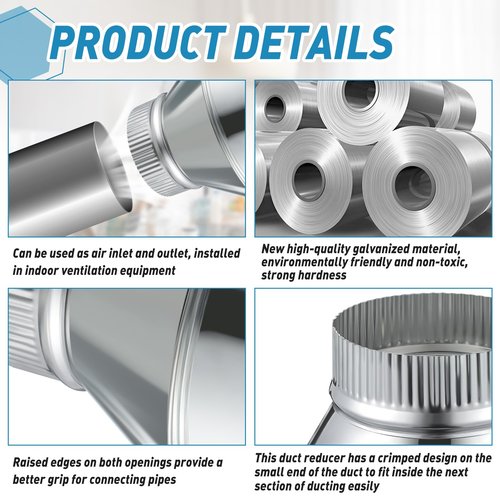 Otoolling 7 Inch to 4 Inch Duct Reducer Increaser Galvanized Steel Air Duct Adapter Round Crimped Pipe Connector Fitting Coupling for HVAC Ventilation Systems