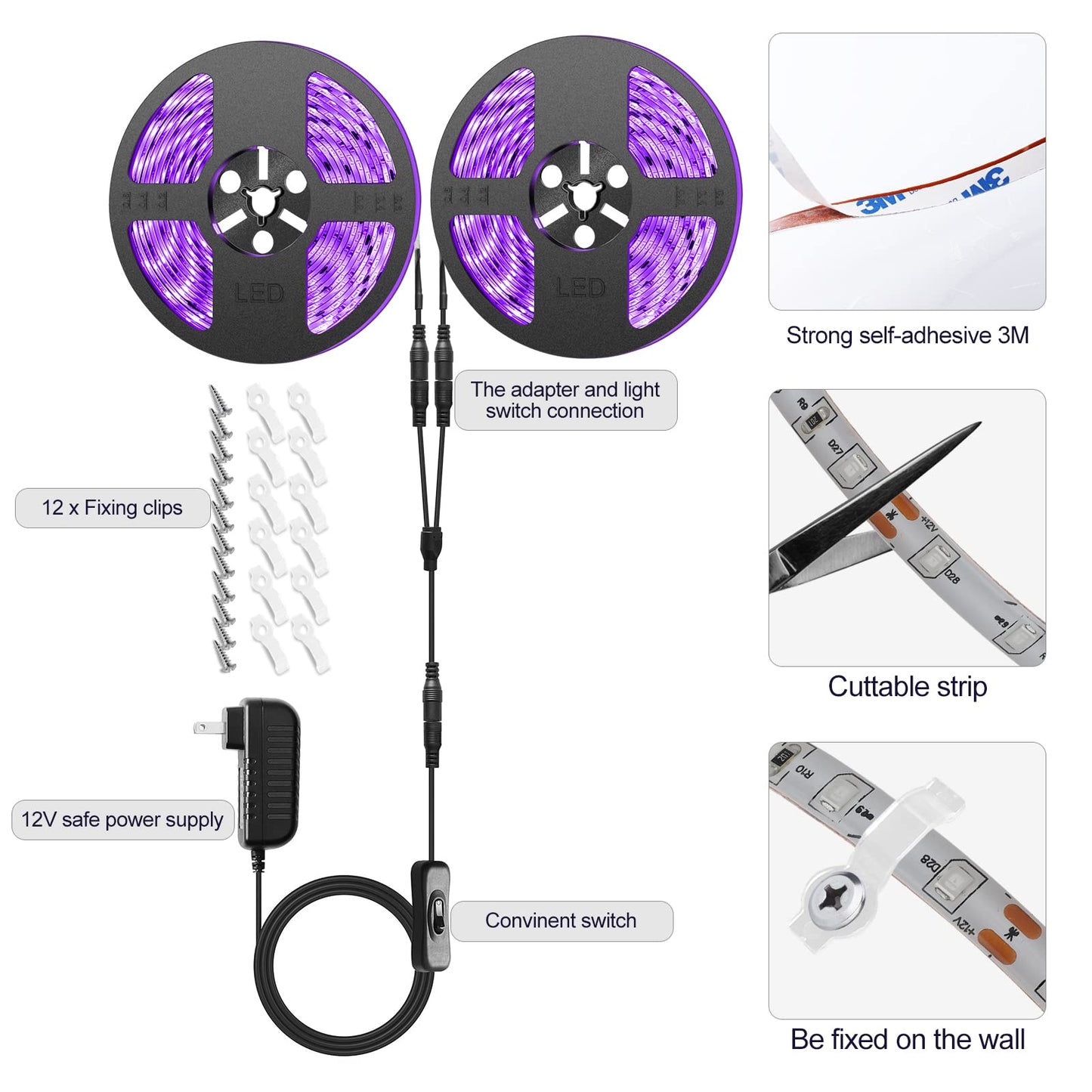 IP65 Waterproof LED Black Light Strip Kit 40ft/12M 720 LEDs, 12V Flexible Blacklight Fixtures, 385-400nm, Black Light LED Strips for Glow Party Body Paint Outdoor Indoor Decor Birthday Party Halloween