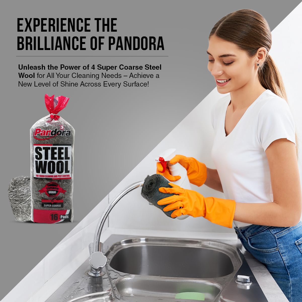 Pandora Steel Wool #4 – Extra Coarse Grade, 16 Pads for Tough Cleaning and Pest Control - Quality Metal Strands - Ideal for Removing Stubborn Paint, Rust, Dirt, and Varnish