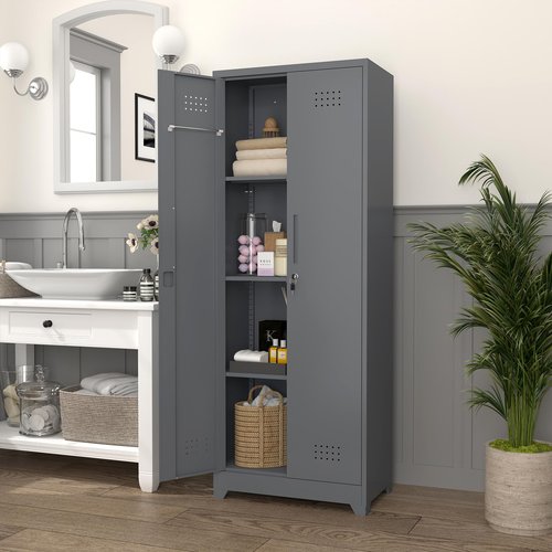 LUCYPAL Metal Broom Storage Cabinet with Shelves and Lock,Broom Closet Storage Cabinet with Hanging Rods for Mops,65" H Cleaning Tool Storage Cabinet for Utility Room,Garage,Laundry Room,Grey