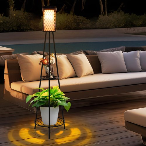 Aialun Outdoor Solar Floor Lamps with USB Charging, 45.67 Inch Tall Double Plant Stand Outside Floor Lamps, Warm & White 3 Modes Standing Decor Lights for Patio, Porch, Deck, Yard, Garden, 2 Pack