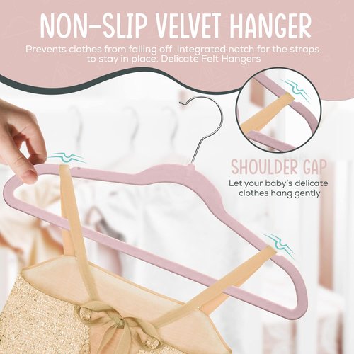 TechZoo 50 Premium Kids Velvet Hangers - 14" Non-Slip Clothes Hangers for Kids & Preteens - Ultra Slim, Space-Saving, Strong & Durable Hangers with 360° Swivel Hook - Pink