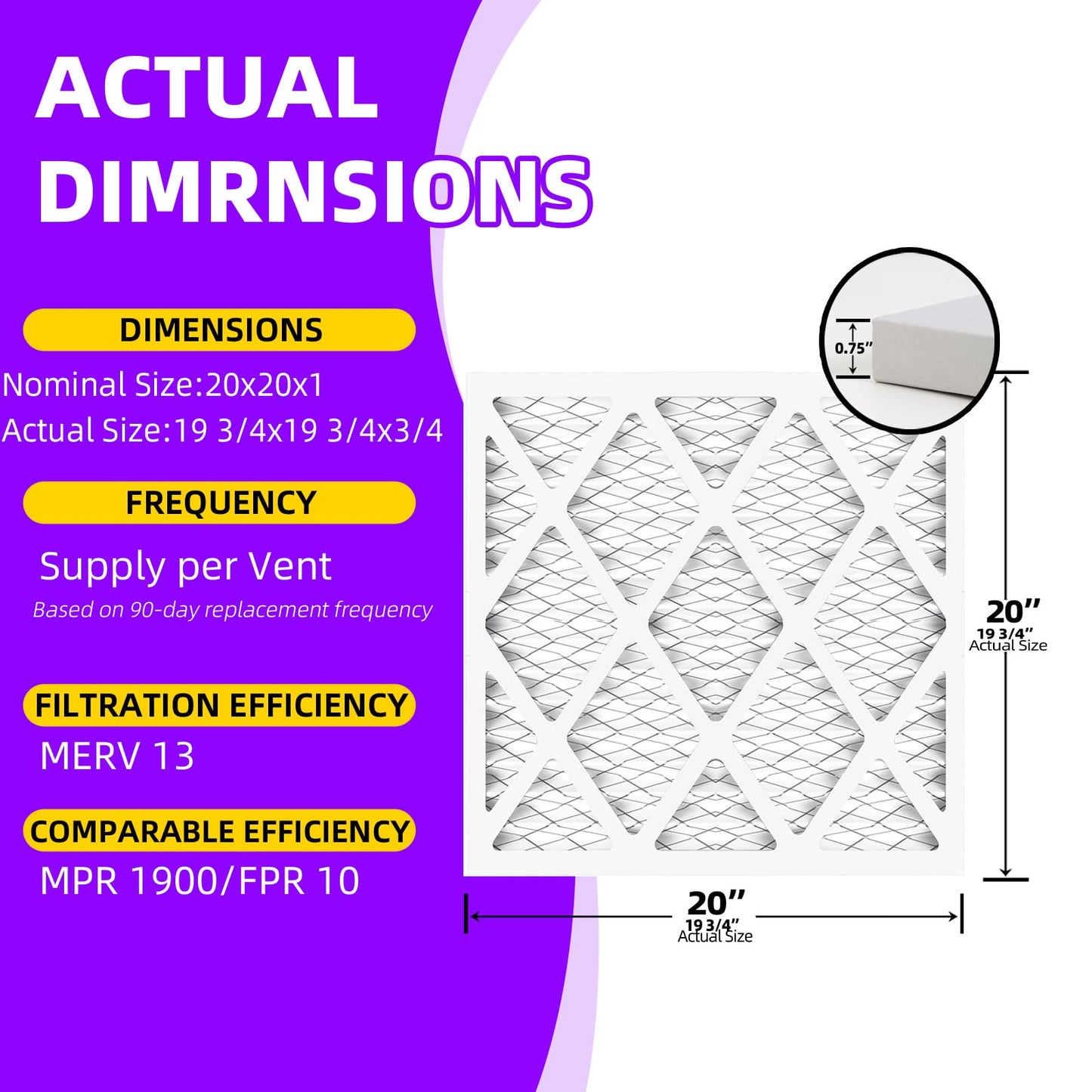 Qingzhug 20x20x1 MERV 13 (6-Pack) Pleated Air Filter (Actual Size: 19.75"x19.75"x0.75") MPR 1900 & FPR 10, Furnace Air Filters, 20x20x1 air filter
