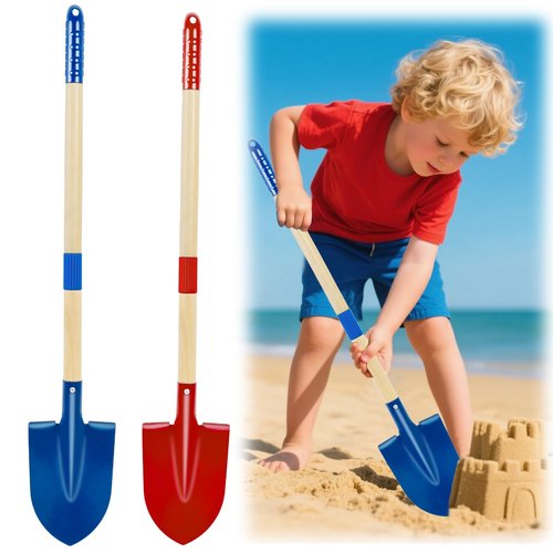 2PCS Metal Kids Beach Shovels, 28" Long Toddler Spade Sand Shovel Detachable Children Garden Shovel with Wood Handle and Plastic Grip Beach Play Tool for Child Adult Digging Sand
