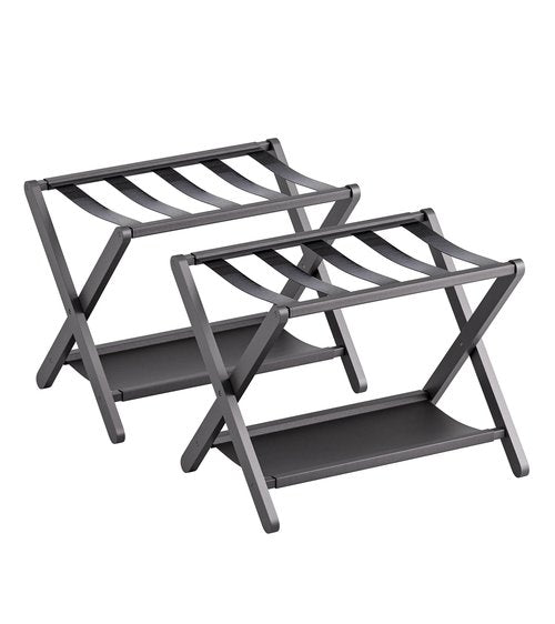vovala Luggage Rack, Set of 2, Folding Suitcase Stand with Storage Shelf, Premium Bamboo Luggage Holder for Guest Room, Bedroom, Hotel, Closet, Holds up to 135 lb (Black)