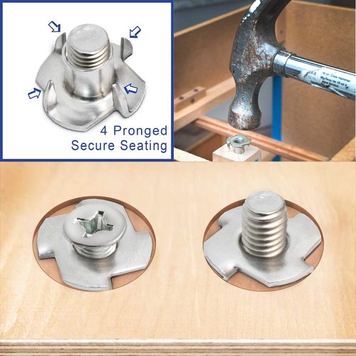Stainless Steel T-Nuts, 1/4"-20 Inch, (25 Pack), Anti Corrosion Threaded Insert, Choose Size/Quantity, by Bolt Dropper, Pronged Tee Nut. (1/4"-20 x 7/16")