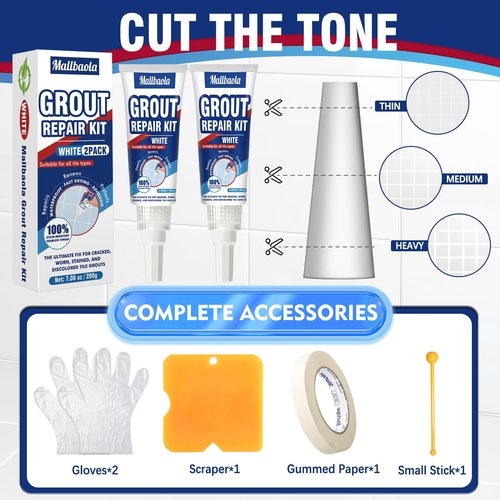 Mallbaola Tile Grout Repair Kit, 2 Pack Tile Grout Paint, Grout Sealer for Bathroom Kitchen Floor Tile, Fast Drying Grout Pen, White Filler Restore & Renew Tile Joints Line and Gaps