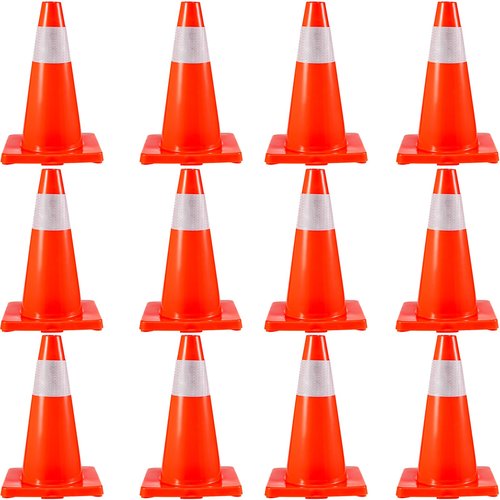 VEVOR 12Pack 18" Traffic Cones, Safety Road Parking Cones PVC Base, Orange Traffic Cone with Reflective Collars, Hazard Construction Cones for Home Traffic Parking