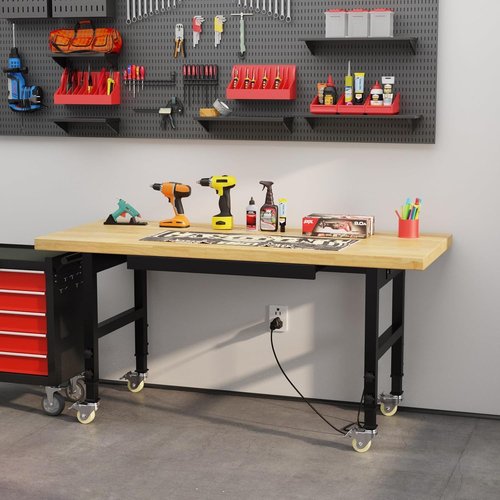 Pelnuies 60" Work Bench with Wheels, Adjustable Height Workbench with Drawers, Heavy-Duty Work Table with Power Outlets, 2000 LBS Capacity Workstation for Garage, Workshop, Office, Home