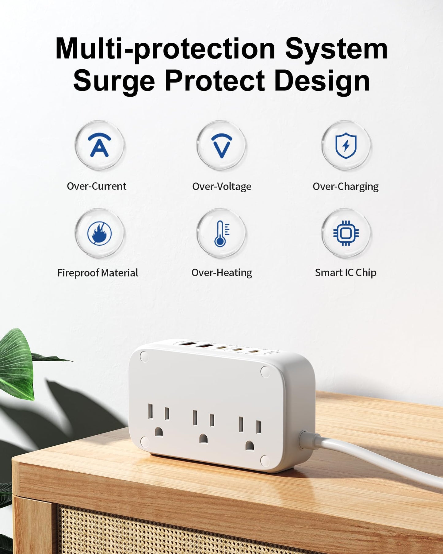 Portable USB Power Strip with 65W PD Fast Charging, 7-in-1 Flat Plug 3 USB-C 2 USB-A Ports 2500W AC Outlets, 175W Total Extension Cord for Home/Office/College/Travel (White)