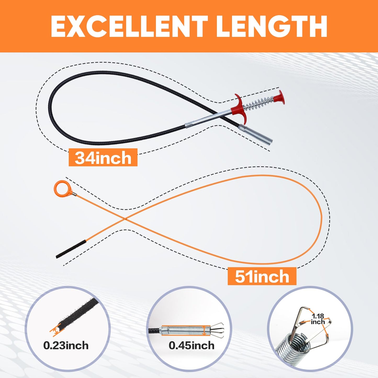 Comfycheer 51inch Drain Hair Remover(6pack),34inch Drain Clog Remover(1pack),Drain Auger Cleaner Tool Set For Toilet, Kitchen Sink, Bathroom Tub, 7 Pack