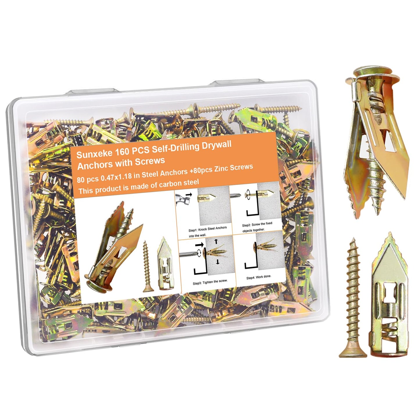 Sunxeke 160 Pcs Self Drilling Drywall Anchors with Screws,80 Sheetrock Anchors (0.47x1.18 Inch) & 80 Zinc Expansion Screws,2025 Upgraded Zinc Plated Steel,No Drill Needed,Hold 66LB for Wall Hanging