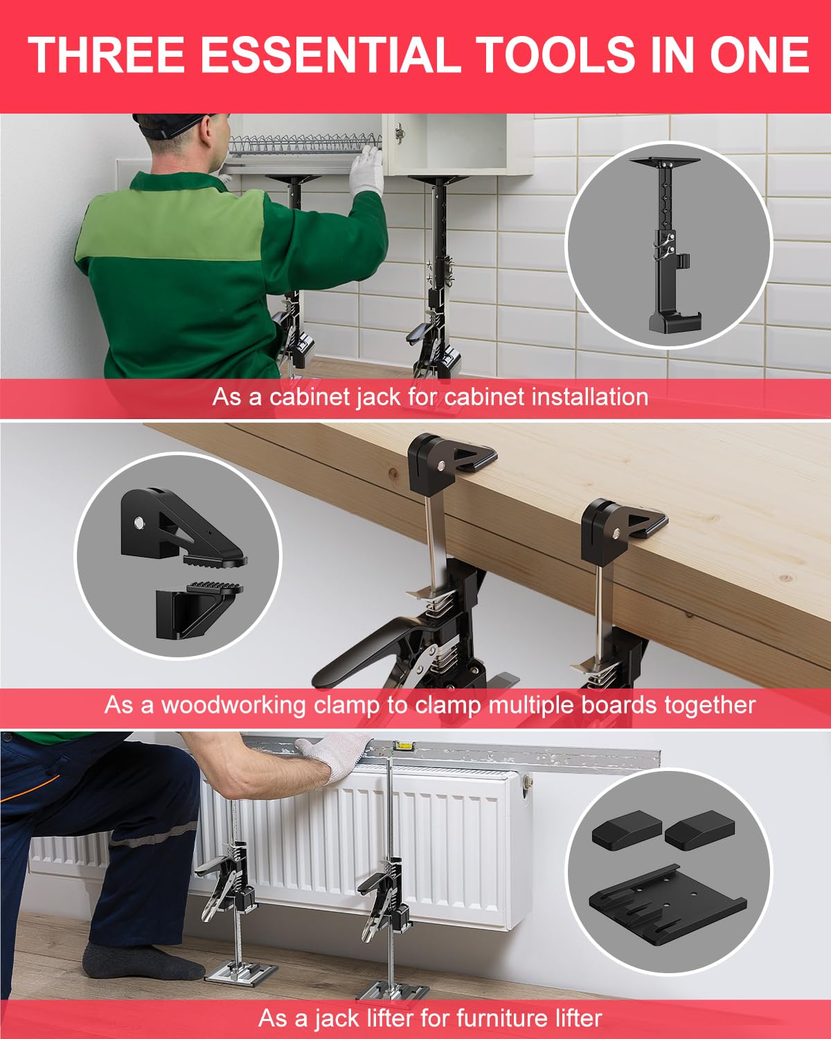 Kolvoii Cabinet Jacks for Installing Cabinets 2 Pack, Hand Lifting Jack Tool Multi-Function 0 to 23.4 Inches Drywall Lift Height Adjustment Third Hand Support System