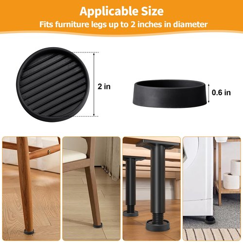 Non Slip Rubber Furniture Pads 2 inch 4PCS, Couch Bed Stoppers to Prevent Sliding, Furniture Coasters, Non Skid Furniture Grippers for Hardwood Floors Black Round