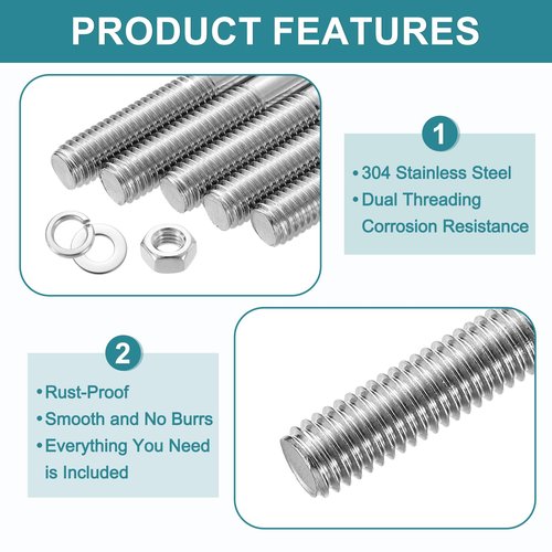 uxcell 5pcs Double Ended Stud Screws, M8x55mm 304 Stainless Steel Dual Threaded Rod Bolts with Nuts and Flat & Lock Washers Double End Threaded Stud Screw Bolt for House Maintenance