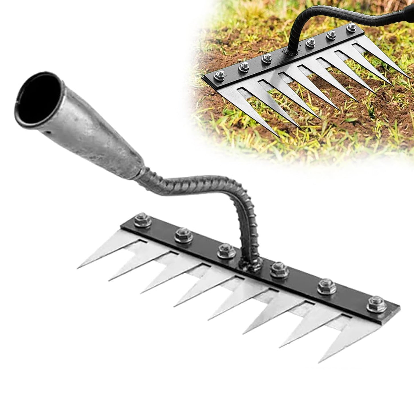 Upgrade Iron Weeding Rake 2.0, 2025 New Iron Rake for Gardening and Weeding, 8 Teeth Carbon Steel Garden Weeder Tool, Detachable Gardening Hand Weeder Puller Tool for Dethatching Lawn Loosening