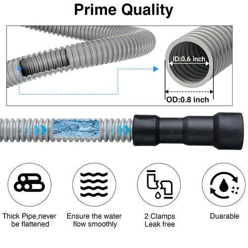 PevePexe Universal Dishwasher Drain Hose - 6 Ft Corrugated Discharge Hose Flexible Dishwasher Replacement Drain Hose Extension with 2 Clamps,Fit 5/8"-3/4" and 1"