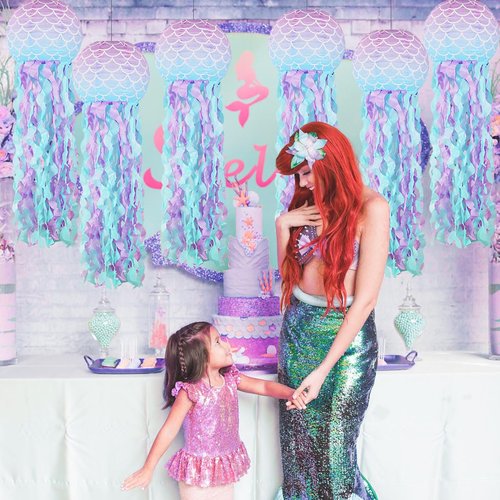 YUNXUAN Mermaid Party Decorations, Jellyfish Paper Lanterns Mermaid Scales Hanging Lantern for Mermaid Birthday Party Baby Shower Under The Sea Ocean Decorations Pack of 8