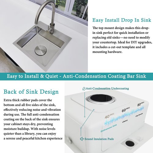 15 Inch Bar Sink Drop In - Delironexu 18 Gauge Stainless Steel Small Kitchen Sink, 15"x15" Single Bowl Square Wet Bar with Brushed Finish for Outdoor, RV, and Prep Use